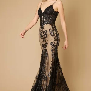 Elektra Embellished Corset Formal Dress - Black & Beige