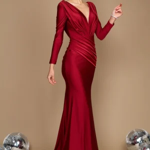 Mirabella Long Sleeve Fitted Evening Dress - Burgundy