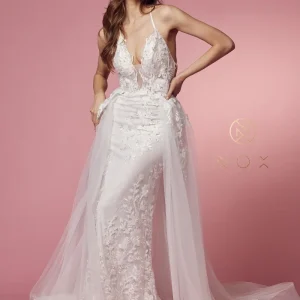 Lace Embroidered Mermaid Overskirt Gown - White